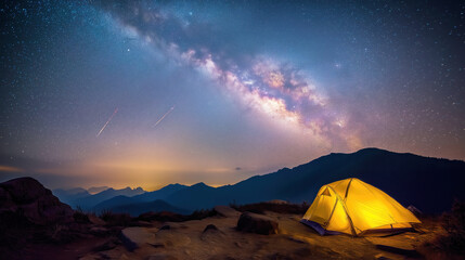 Wall Mural - tourist tent in the mountains in nature under starry sky with stars and the Milky Way at night. landscape with colorful night sky. Concept of tourism and astrophotography