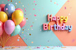 © Альона Федорова - A horizontal, high-definition 3D rendering of a vibrant birthday scene with floating balloons and confetti set against a colorful backdrop. The balloons appear weightless, clustered in an asymmetric b