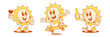 © provectors - Cute positive yellow sun cartoon character set contoured vector flat illustration. Smiling comic summer sunlight sunshine vacation mascot with beer heart love like skateboard riding trick