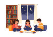 © meeblues - A cozy flat illustration of three children sitting comfortably on pillows in a room with a bookshelf, reading books at night, with a view of the moon and stars outside the window
