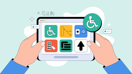 hands holding a tablet showing web accessibility options vector illustration