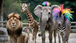 © Nazish - A group of animals including a lion giraffe elephant and zebra standing together in an outdoor setting