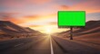 © Pratondo - Blank green screen advertising billboard on the side of a long, empty desert road at sunset.