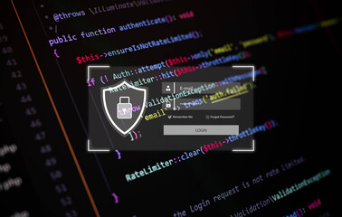 secure login interface over programming code background, symbolizing cybersecurity, data protection,