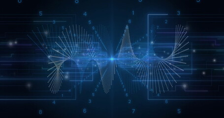 Wall Mural - spiraling digital waveform across interface, with light flare, frames, circuits and digit labels