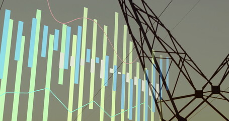 Wall Mural - displaying green-blue bars and pink-cyan lines on grey gradient, overlaying tower silhouette