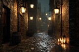 Narrow, misty alleyway lit by oil lamps