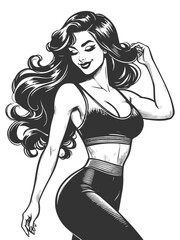 Wall Mural - fit retro-style woman in workout clothes, posing confidently with hands in her hair sketch engraving