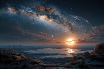 Wall Mural - sunrise over serene landscape with milky way galaxy illuminating earth beneath a colorful sky