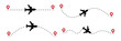 © top3 - Airplane routes set. Plane route line. Planes dotted flight pathway. Plane paths. Aircraft tracking, planes, travel, map pins, location pins. Romantic
