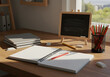 © Rizki - Inspiring creative workspace setup with open notebook, colorful pencils, and small chalkboard bathed in warm sunlight, perfect for study or brainstorming sessions.