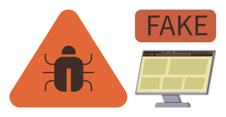 Bug icon in warning triangle, fake label, and monitor with webpage layout signify online threat awareness. Ideal for cybersecurity, hacking, phishing, identity theft, scam, digital safety simple