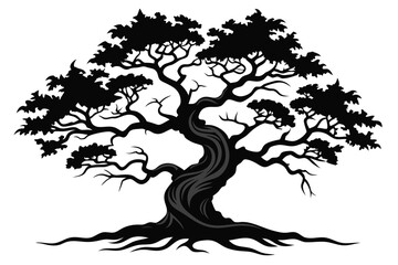  Isolated silhouette displays a gnarled, twisting tree with thick roots on white background