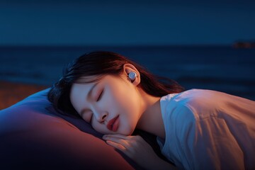 serene woman relaxing on beach with wireless earbuds at dusk for comfort and peaceful sleep