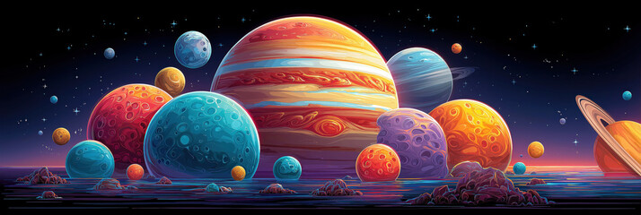 Wall Mural - planets and galaxies in colorful space with stars. fantastic magical starry sky in space. children's