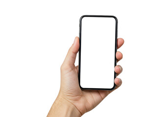 Hand holding a modern smartphone with a blank white screen, isolated on transparent background