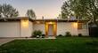 © Jawad - Mid-century modern house exterior front view in spring with stucco finish under dawn - High Resolution Exterior Photo
