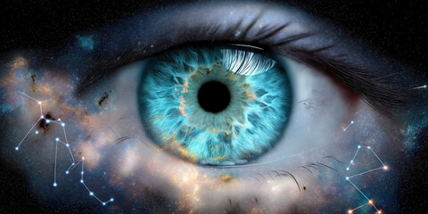 Wall Mural - big human eye with reflection in iris of space with stars and galaxies in the universe
