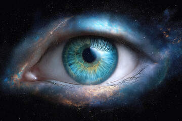 Wall Mural - big human eye with a reflection in the iris of space with stars and galaxies in universe