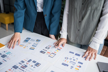 developer team brainstorming user interface and experience designs for mobile application ux ui grap