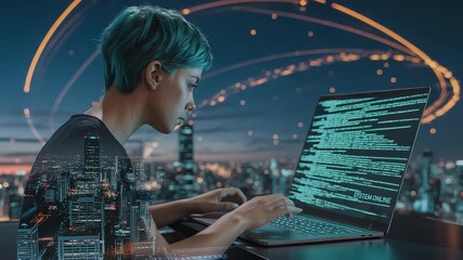Focused young programmer typing code on laptop with futuristic digital network connections over illuminated modern city skyline at night

