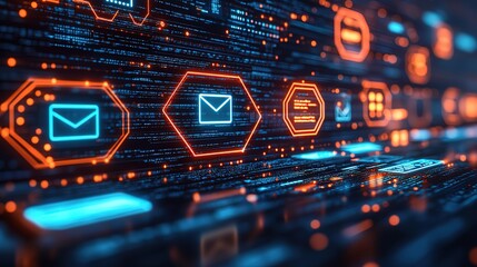 Digital Interface with Neon - Lit Email Icons and Code Elements 