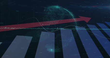 Wall Mural - Rising red arrow pointing upward in 3D data environment, with holographic globe and blue bars