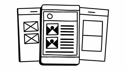 Three mobile phone screens displaying different app layouts in a hand drawn style design theme