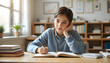 © Nataliya - Young student woman sitting at a table with an open book, focusing on reading and writing in a peaceful and well-lit indoor environment