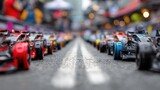 Exciting blurred remote control race cars on track in urban setting