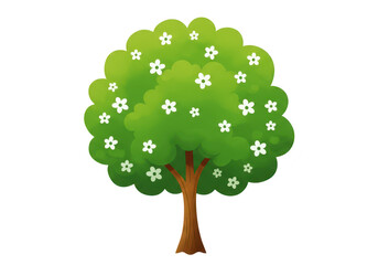 A vibrant green cartoon tree with white flowers, isolated on a transparent background, symbolizing nature and growth