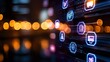 © Yuliia - Glowing social media and communication app icons on dark background with blurred city lights bokeh, modern digital technology concept for business.