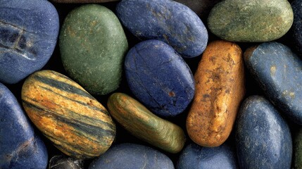 Close-up view of various colored stones.