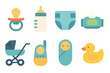 © Zaleman - Essential baby care items including pacifier, diaper, stroller, and more displayed in a colorful layout