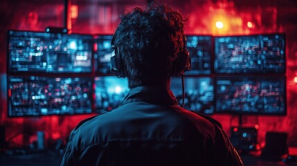 Cybersecurity professional monitoring multiple screens in a dark room