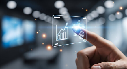 Finger interacting with floating transparent interface icons, modern business technology concept, crystal-clear