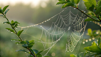 Sparkling dew drops adorn delicate spiderweb on lush green branch at sunrise, capturing nature's intricate beauty and morning tranquility.