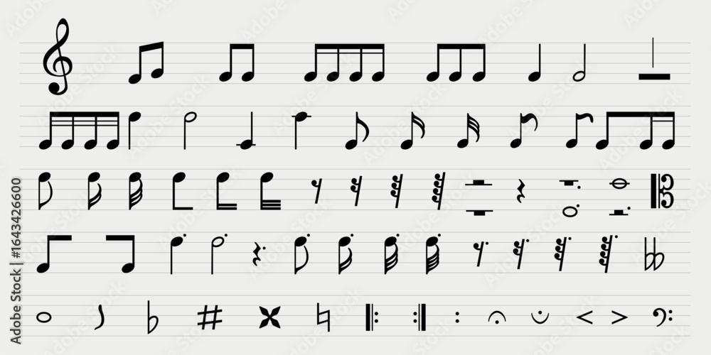 Sheet music with various musical notes and symbols. Musical notes and ...