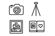 © Joan - Anniversary photography line icons set. Camera, tripod, wedding couple portrait, photo album with heart. Outline vector illustration. Romantic celebration, photo session, family memories concept.