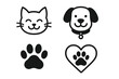 © jasmine - Cat dog pet icon set vector. Animal lover graphics. Cute friendly smiling kitty face, happy puppy head. Paw print silhouette, paw inside a heart. Vet clinic logo.