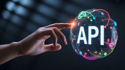 Hand touching API sphere with glowing network connections and data application programming interface