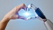 © BG_Illustrations - Human hand touching robot hand forming glowing heart symbol of unity