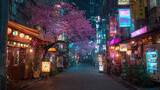 Night japan street cherry blossoms lights cityscape neon signs travel photography urban exploration scene 100