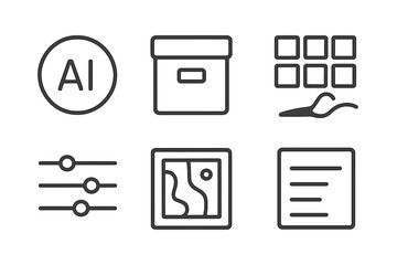 Icons representing artificial intelligence and data organization tools arranged in a grid layout on a white background