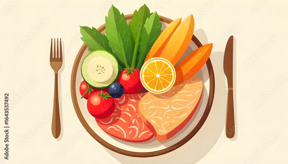 Flat vector illustration of a balanced plate with fruits, vegetables ...