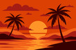 © vector db - Orange and purple sky at sunset over the tropical sea with the silhouette of palm trees on a sandy beach