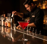Enjoy a vibrant, ruby red cosmopolitan cocktail with a maraschino cherry garnish in a classic martini glass