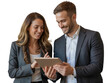© Creative Stocker - Man and woman smiling looking at tablet computer isolated on white transparent background png jpg business people clipping path cutout 2025 2026 4k full hd poster banner label download