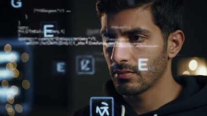 Man Coding Futuristic Holographic Interface, Focused Hacker, Cyber Security, AI Development