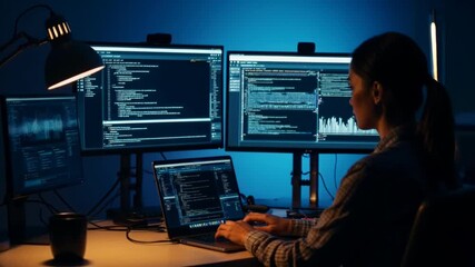 Woman Codes Late at Night, Blue Lit Workspace, Multiple Monitors